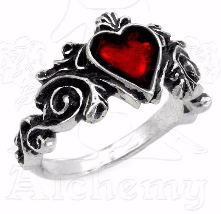 Anillo romántico de compromiso gótico de alquimia corazón rojo ornamentado peltre desplazado R134 nuevo con etiquetas Foto 2 de 4