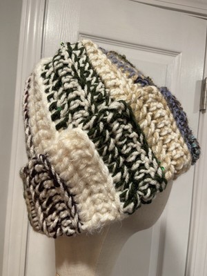 Handmade Crochet Chunky Ribbed Upcycled Multi Fiber Scrappy Yarn Beanie Hat J6