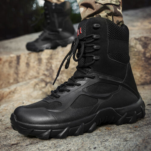 MY# Men Military Leather Boots Hi-Ankle Hiking Shoes High Top for Army Combat Ac - Afbeelding 1 van 63