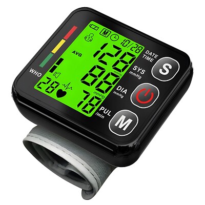 Wrist Blood Pressure Monitor Backlit LCD Screen Heart Rate BP
