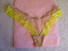 New Victoria's Secret Tan Mesh Neon Green Floral Lace High Leg Thong Panty