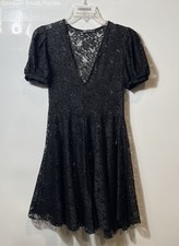 Zara Womens Black Short Puff Sleeve Deep V-Neck Lace Fit & Flare Dress Size M