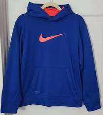Nike Boys Hoodie Therma-Fit Pullover Youth XL Blue/Neon Orange Swoosh Kids
