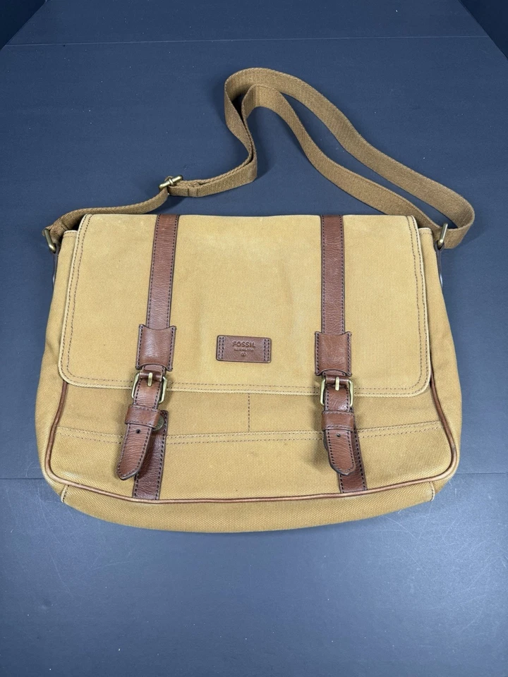 Bolsa carteiro vintage fóssil de lona e couro tiracolo bolsa para laptop computador - Imagem 2 de 4