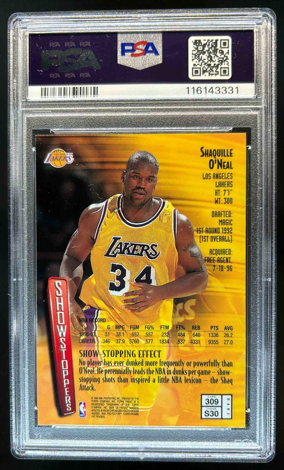 1997-98 Topps Finest Shaquille O'Neal Embossed Gold #309 Lakers PSA 8 view 2