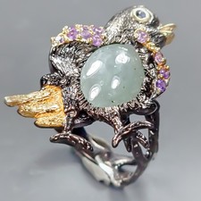 Jewelry Natural Green Jade Ring 925 Sterling Silver Size 7.5 /R432732