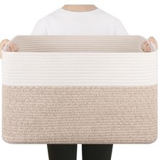 Large Blanket Basket, Toy Basket Bin for Kids, Cotton Rope 75L Brown  White