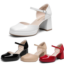 Women s Platform Chunky Heel Square Toe Mary Jane Ankle Strap Dress Pumps