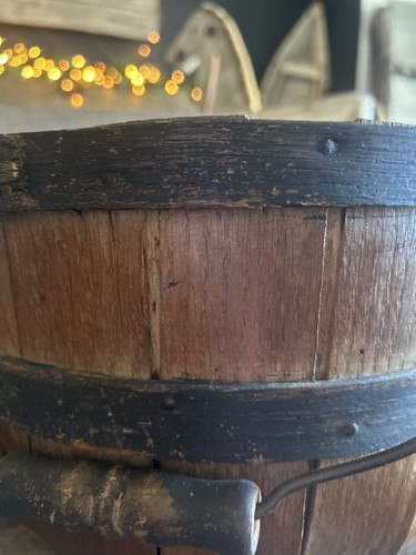 AAFA ANTIQUE EARLY PRIMITIVE FARMHOUSE  HARVEST APPLE GATHERING WOOD BUCKET - Picture 6 of 11