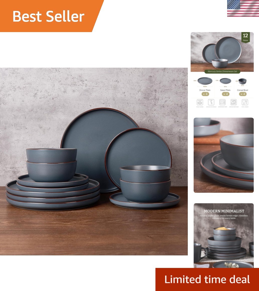Mercury Plates and Bowls Sets, 12 Pieces Stoneware Dinnerware Sets, Dishes Se...