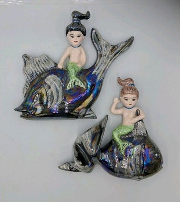 Vintage Rare Arnels Set Of 2 Mermaid Riding On Fish Wall Plaques 1950's MCM