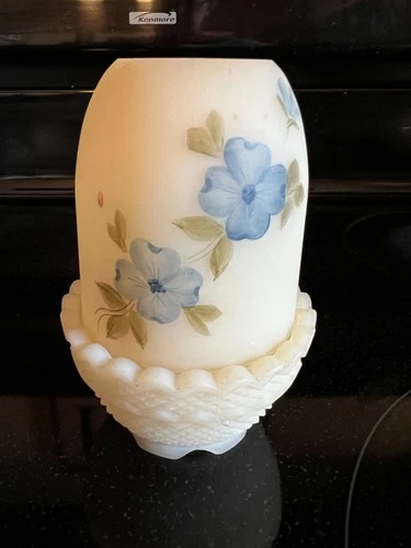 VTG Fenton Custard Glass Candle Fairy Lamp Hand Painted Flowers Signed