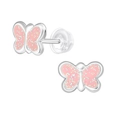 925 Sterling Silver Pink Glitter Epoxy Butterfly Children's Stud Earrings