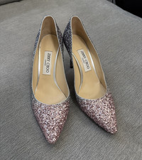 Jimmy Choo Women s Leather Glitter Pointed Toe Stiletto Pumps Silver/Pink 8