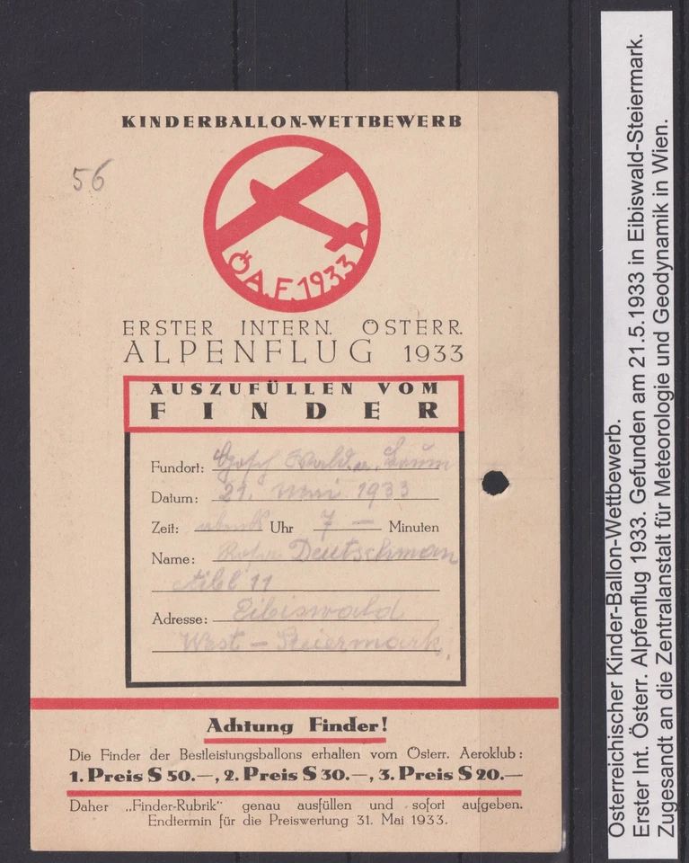 AF830) Ballonpost Karte Österreichischer Kinderballon-Wettbewerb 1933 - Bild 2 von 2