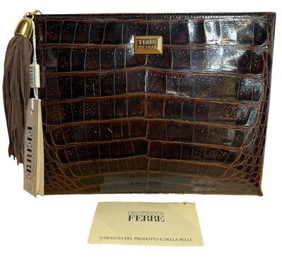 Vintage 80s Gianfranco Ferre Leather Croc Clutch Handbag Italy w Tag