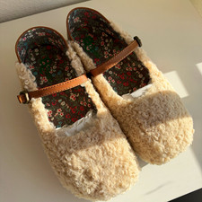 Women s Beige/Brown Faux Fur Shearling Clog Slippers Buckle Floral Size 7.5