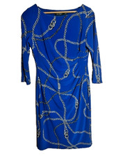 Lauren Ralph Lauren LRL Sz 12 Blue Chain Print Ruched Side Sheath Lined Dress