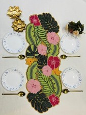 TBS Handcrafted Beaded Table Runner Multi Color Floral Design 13"x36"