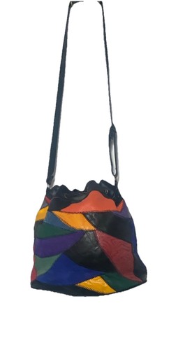 Borsa vintage anni 80 color block coulisse secchiello borsetta vera pelle patchwork - Foto 4 di 10
