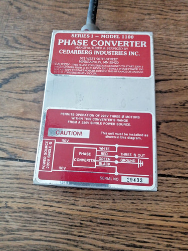 CEDARBERG Phase Converter MODEL 1100 ( 1/4 to 1/2 HP motors)