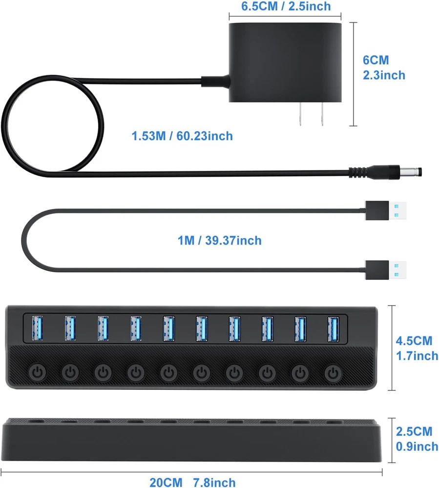 Powered USB Hub 3.0, 10-Port USB Splitter Hub with Individual On/Off Switches an