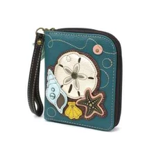 NEW CHALA SAND DOLLAR SHELL TURQUOISE BLUE ZIPPERED DUO FOLD WALLET FAUX LEATHER