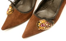 NEW PRICE PRADA BROWN SUEDE SHOES, BEJEWELED TOE AND BASKET-PATTERN HEEL