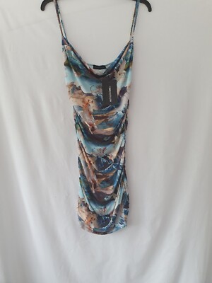 Pretty Little Thing Ladies Blue Cherub Print Strappy Bodycon Dress Size 12  | eBay