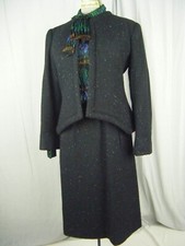 PAULINE TRIGERE Vtg 70-80s Black Wool Tweed 3 pc Jacket  Skirt-Bust 36/Waist 25