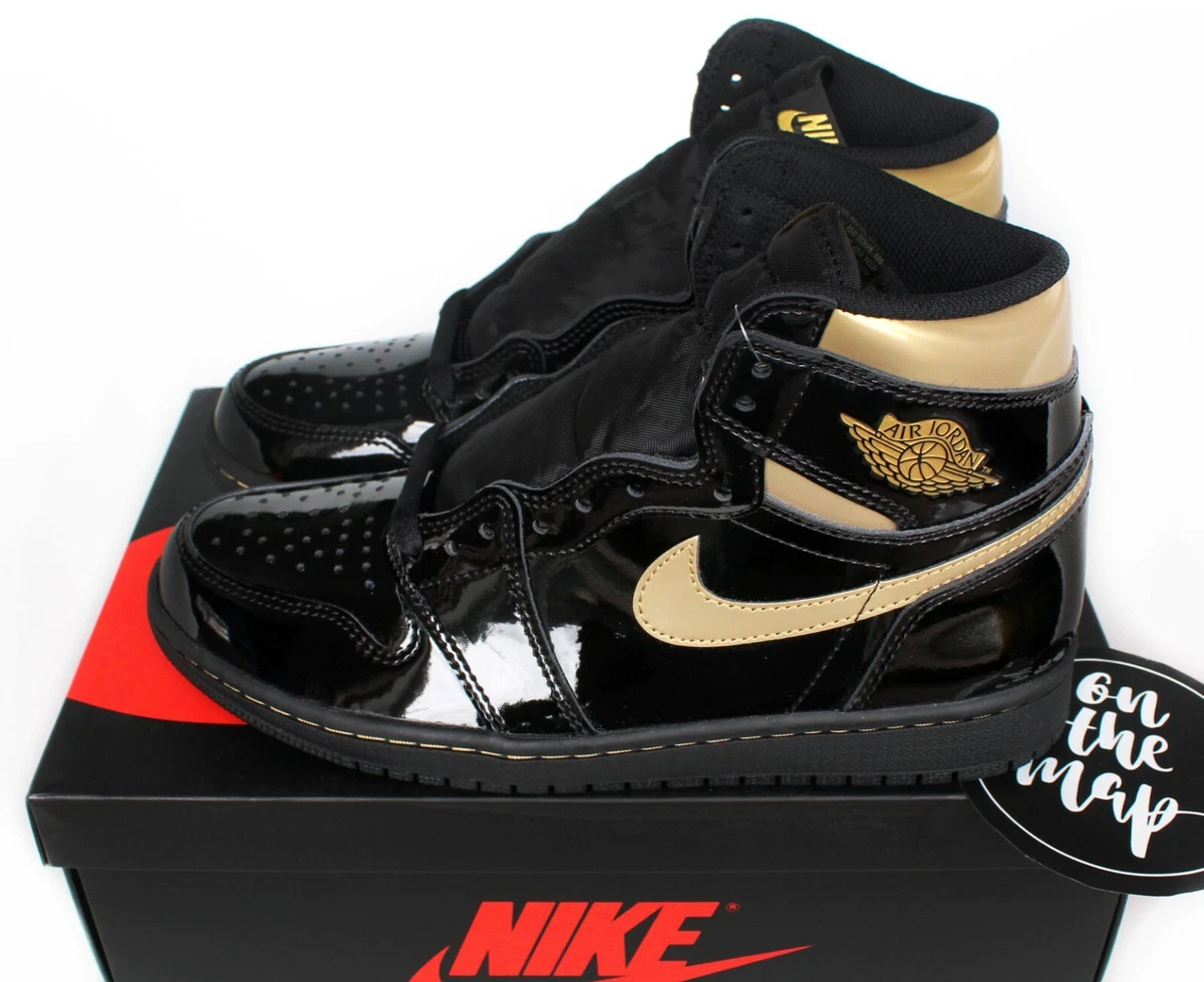 Nike Air Jordan 1 Retro High OG Black Metallic Gold Patent UK 5 7