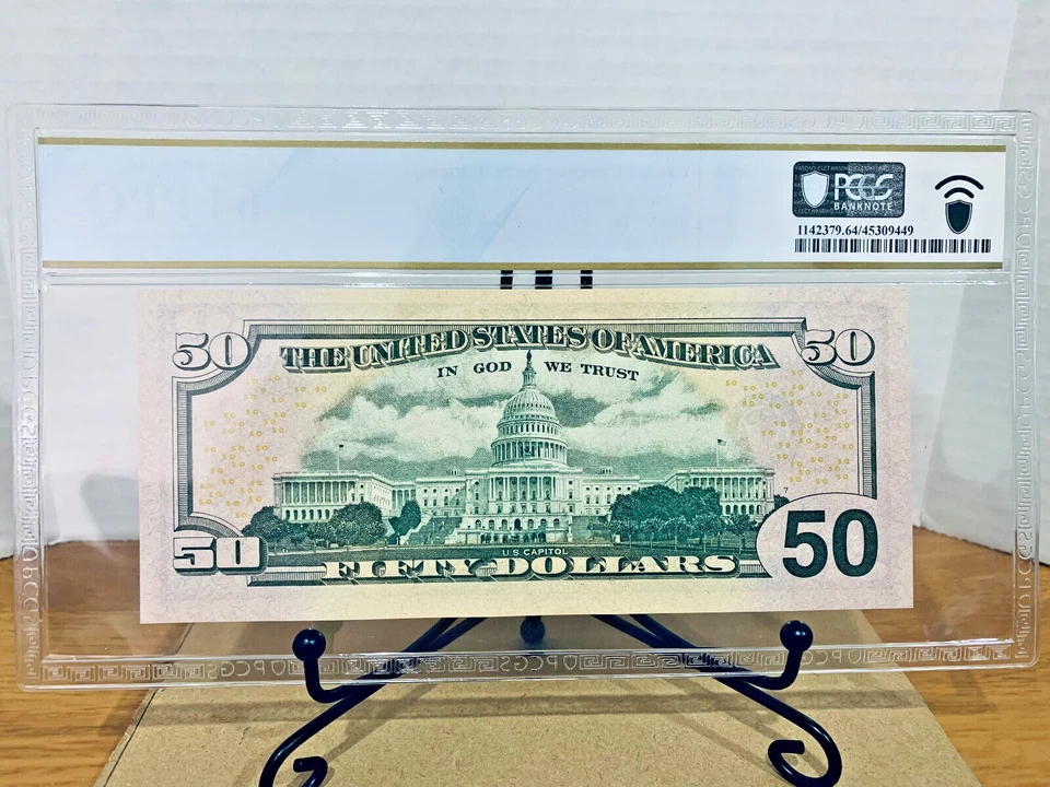 2004 $50 FRN PCGS 64PPQ Fancy PARTIAL REVERSE LADDER BOOKEND Serial #EG00432100A - Image 2 of 2