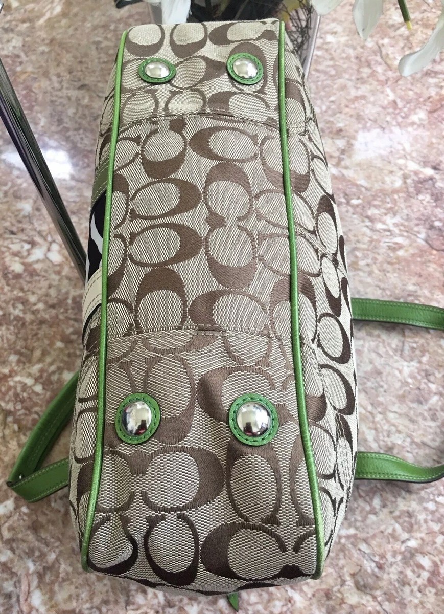 COACH NANCY SIGNATURE KHAKI GREEN ZEBRA STRIPE MEDIUM TOTE COACH NANCY SIGNATURE KHAKI GREEN ZEBRA STRIPE MEDIUM TOTE