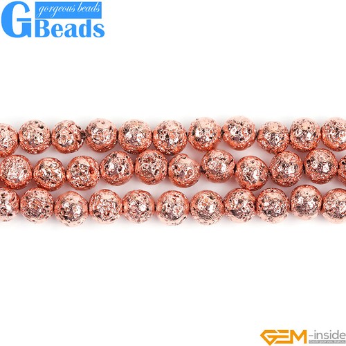 Cuentas redondas de roca de lava volcánica recubiertas de oro rosa para hacer joyas de 15"" GB - Imagen 14 de 33