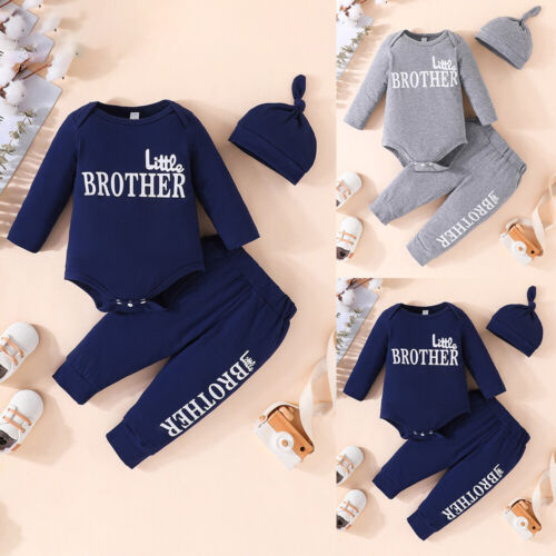 Newborn Baby Boys Little Brother Bodysuit Romper Tops + Pants + Hat Outfit Set