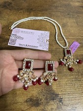 Indian Pakistani Jewelry Red Kundan Necklace With Earrings