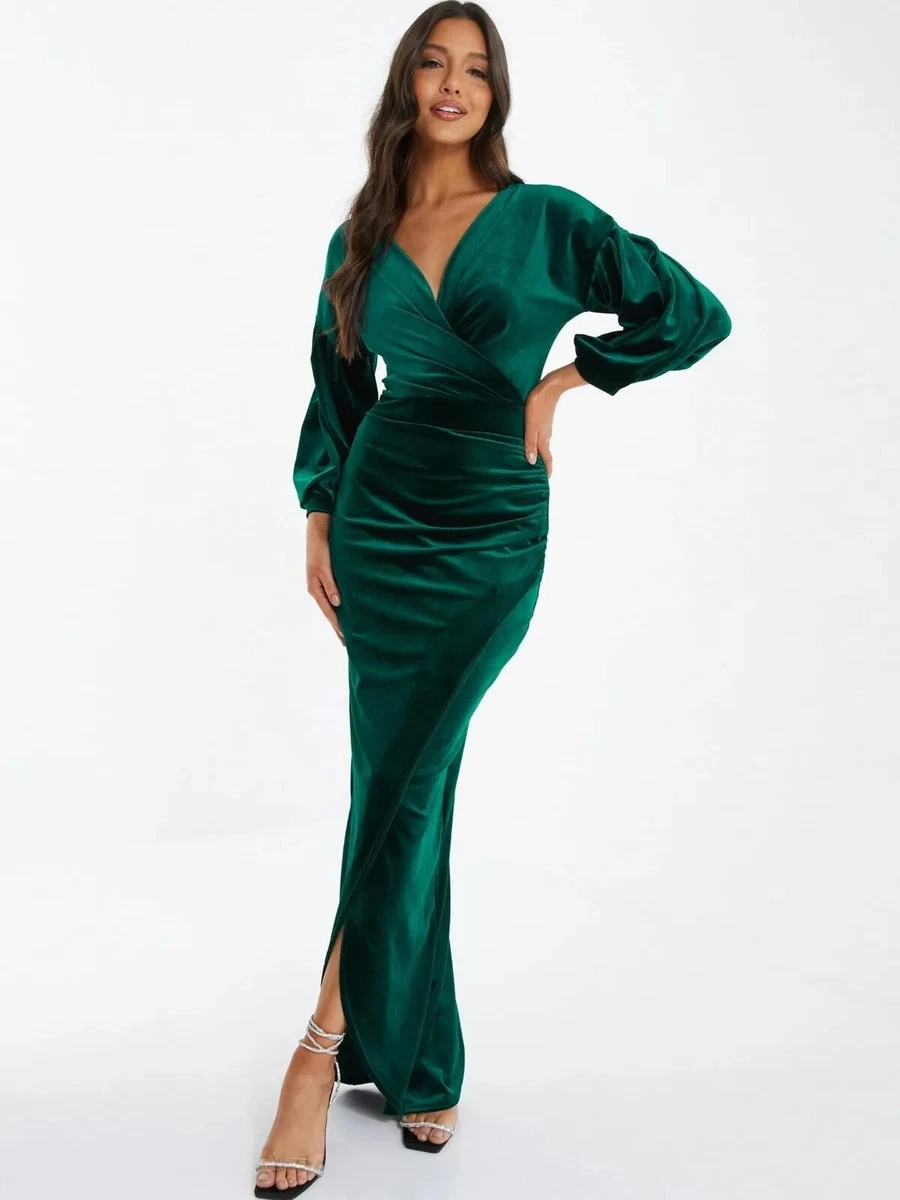green emerald velvet dress Charlie Forest Green Velvet Wrap Style Midi Dress