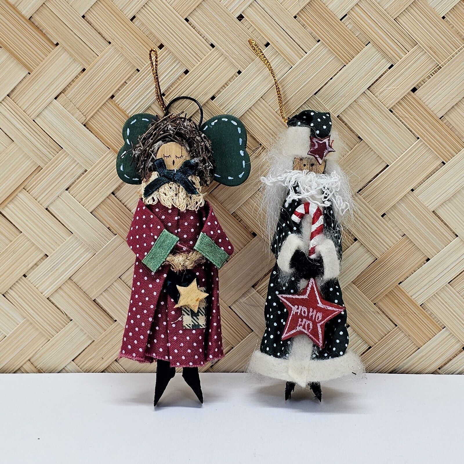 Vintage Santa and Angel Clothespin Ornaments Folk Art Christmas Tree Decor