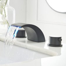 LED Bathroom Sink Faucet 3 Holes 2 Handles Waterfall Basin Widespread Tap Black