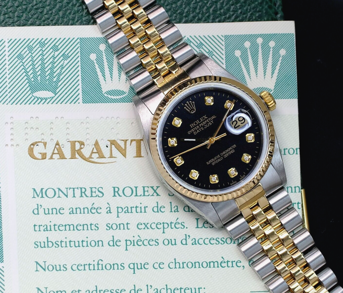 ROLEX Datejust ブラックダイヤル ROLEX MENS DATEJUST BLACK DIAL 18KY FLUTED WATCH BOX