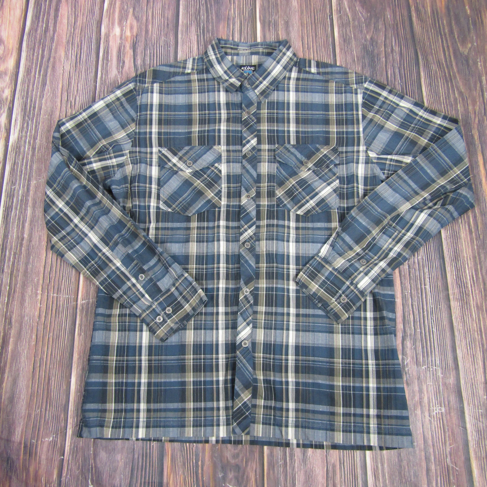 Kuhl Mens Large Blue Plaid Button Up Shirt Long Sleeve Hiking Outdoors Gorpcore