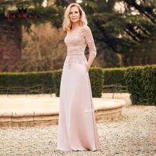 Elegant Mother Of Bride Dresses Blush Satin Lace Evening Gown Illusion V-neck