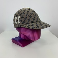 Gucci GG Monogram Pattern Patch Side Logo Cotton Canvas Baseball Cap Hat Gray M