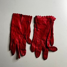 Vintage Red Leather Gloves Scalloped Edge Trim Mid Century 1950s Style Womens