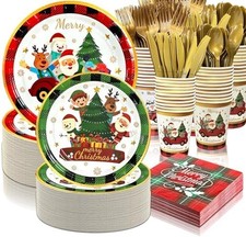 700 PCS Christmas Paper Plates and Napkins Sets, Christmas Tableware Set