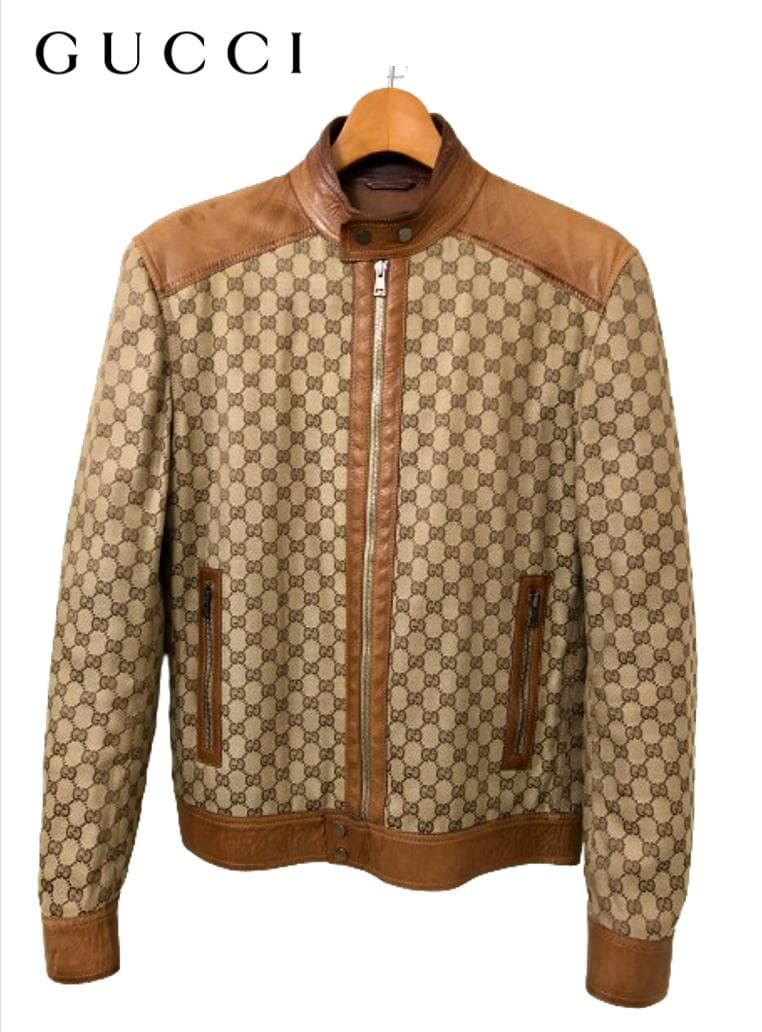 Vintage Gucci GG canvas calf leather biker monogram jacket size 46