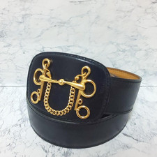 Auth HERMES Vintage Emblem Buckle Leather Belt Womens Dark Navy 84cm G serial