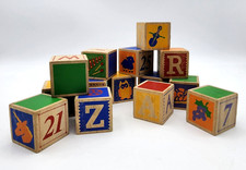 Wooden Toy Blocks Lot of 14 Kids Alphabet Number Shapes Pictures Craft Display