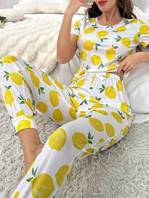 Ladies comfortable pyjama set with fresh lemon pattern and long trousers cheap24