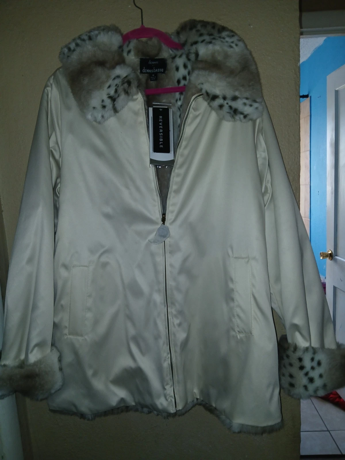New dennis basso faux fur coat medium White Snow Leppard Print Reversible